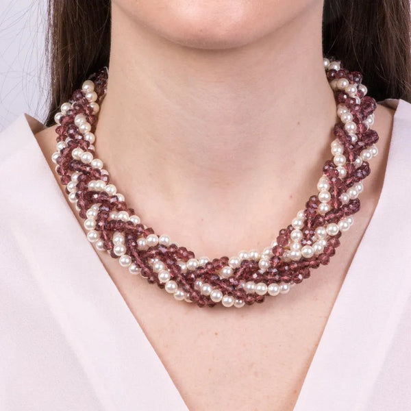 Collana in Metallo con perline bianche e marroni intrecciate — collezione lido