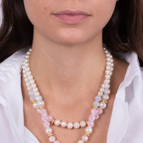 Collana in Metallo doppia catena con cristalli e perle — collezione lido