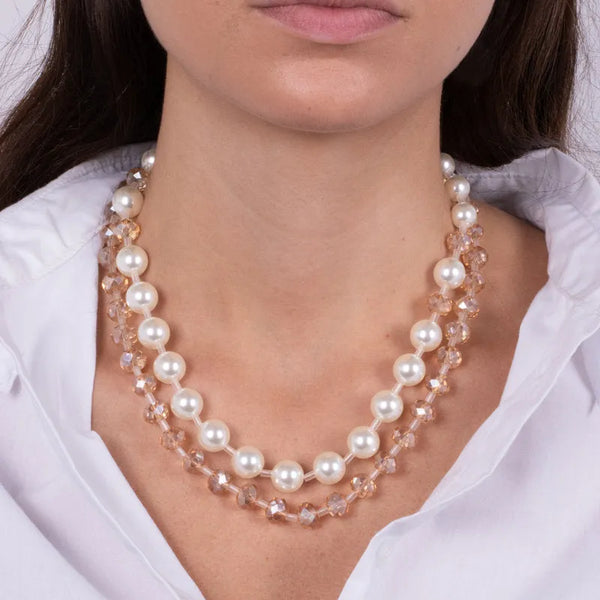 Collana in Metallo doppia catena con cristalli rosa e perle — collezione lido