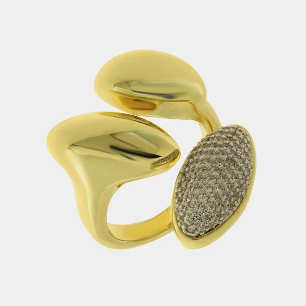 Anello in Metallo dorato bilobo pietra grigia — collezione notte in laguna