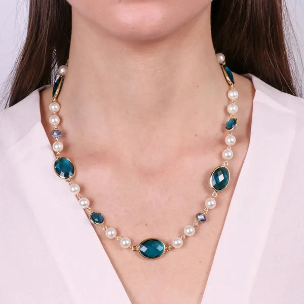 Collana in Metallo con cristalli blu ispirati al vetro di Murano e perle — collezione palazzo ducale
