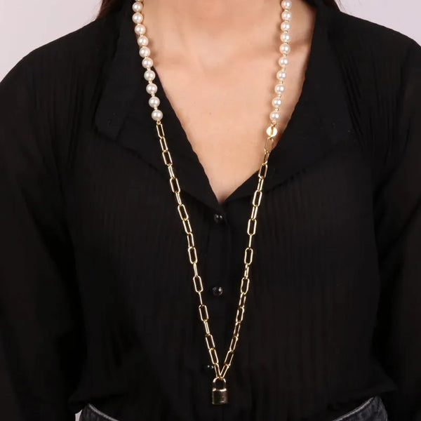 Collana in Metallo a doppia catena con perle e lucchetto pendente — collezione palazzo ducale