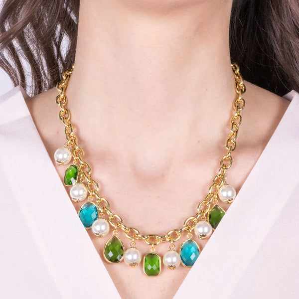 Collana in Metallo con cristalli blu e verdi e perle sintetiche — collezione rialto