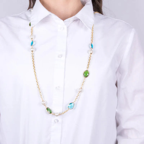 Collana in Metallo con cristalli blu e verdi e perle sintetiche — collezione rialto
