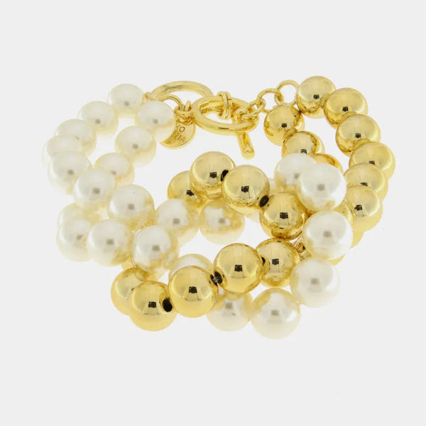 Bracciale in Metallo con chiusura t-bar e perle bianche e oro — collezione serenissima