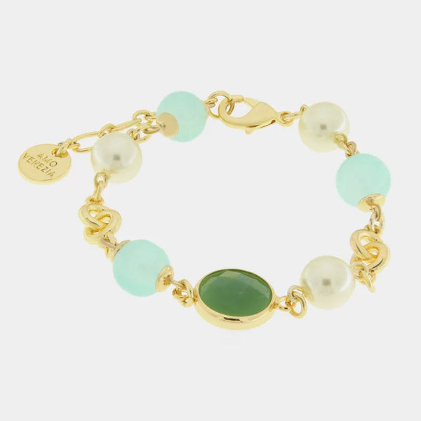 Bracciale in Metallo con cristallo verde e perle bianche e verde acqua — collezione serenissima