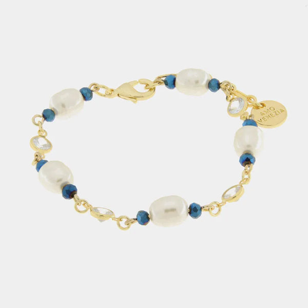 Bracciale in Metallo con perle allungate bianche e corallini blu — collezione serenissima