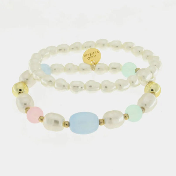 Bracciale in Metallo doppio filo con perle allungate multicolor — collezione serenissima