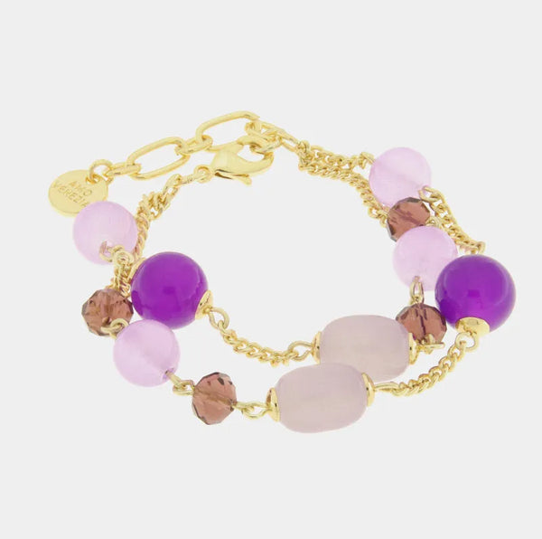 Bracciale in Metallo doppio filo con perle viola e pietre allungate — collezione serenissima