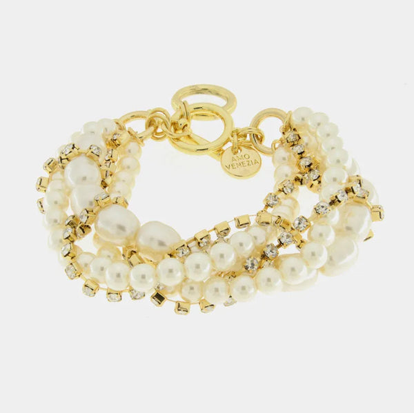 Bracciale in Metallo mutifilo intrecciato con perle e zriconi — collezione serenissima