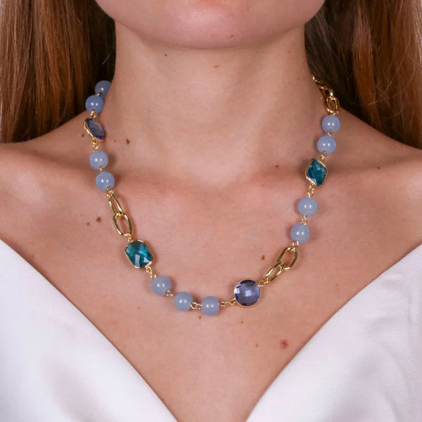 Collana in Metallo con catena doppia , cristalli e perline blu — collezione serenissima