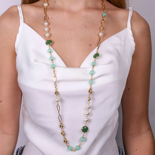 Collana in Metallo con catena e cristalli e perle verdi — collezione serenissima
