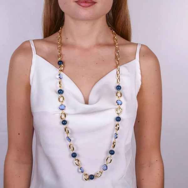 Collana in Metallo con catena e perle e cristalli blu — collezione serenissima
