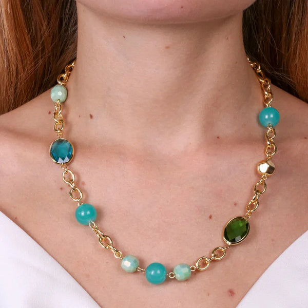 Collana in Metallo con catene a maglia ovale , cristallo e perle — collezione serenissima