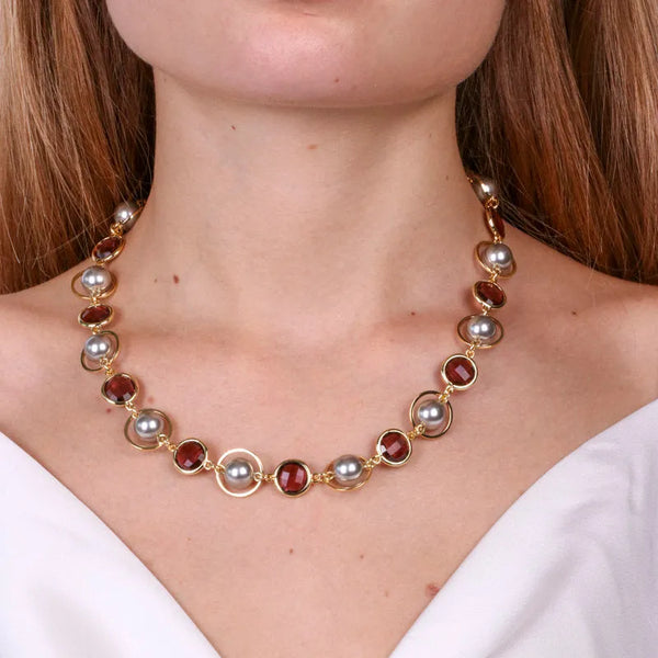 Collana in Metallo con cristalli marrini , cerchi e perle — collezione serenissima