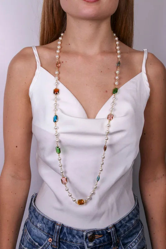 Collana in Metallo con cristalli multicolor e perline bianche — collezione serenissima
