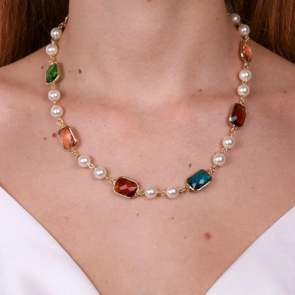 Collana in Metallo con cristalli quadrati e perle — collezione serenissima
