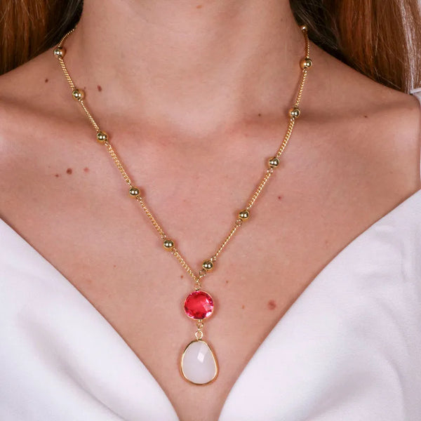 Collana in Metallo con cristallo bianco e rosa pendente — collezione serenissima