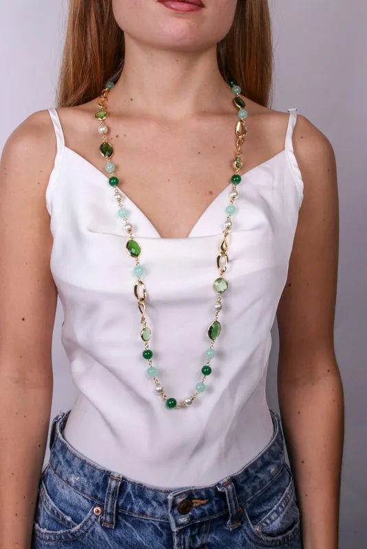 Collana in Metallo con perle e cristalli verdi — collezione serenissima