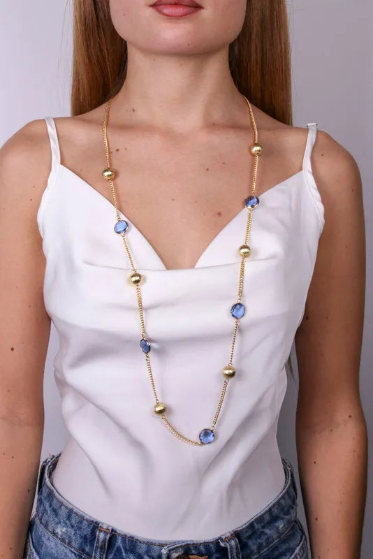 Collana in Metallo lunga con cristalli blu e perle oro — collezione serenissima