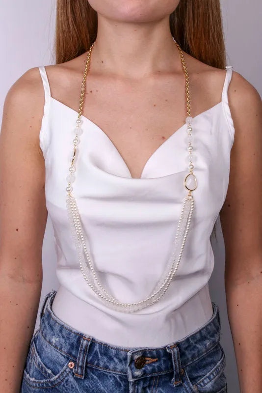 Collana in Metallo lunga con cristallo e multifilo di perle pendente — collezione serenissima