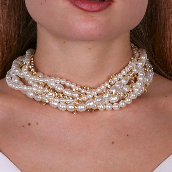 Collana in Metallo multifilo intrecciato con perle e zirconi — collezione serenissima