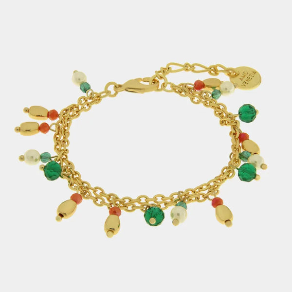Bracciale in Metallo con Murano Stone ciondoli verdi e rosa pendenti — collezione soffi di laguna