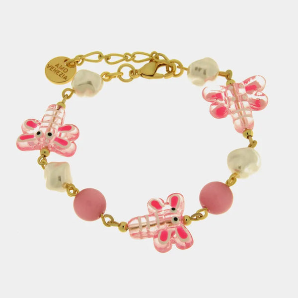 Bracciale in Metallo con Murano Stone libellule rosa e pietre bianche e rosa — collezione soffi di laguna