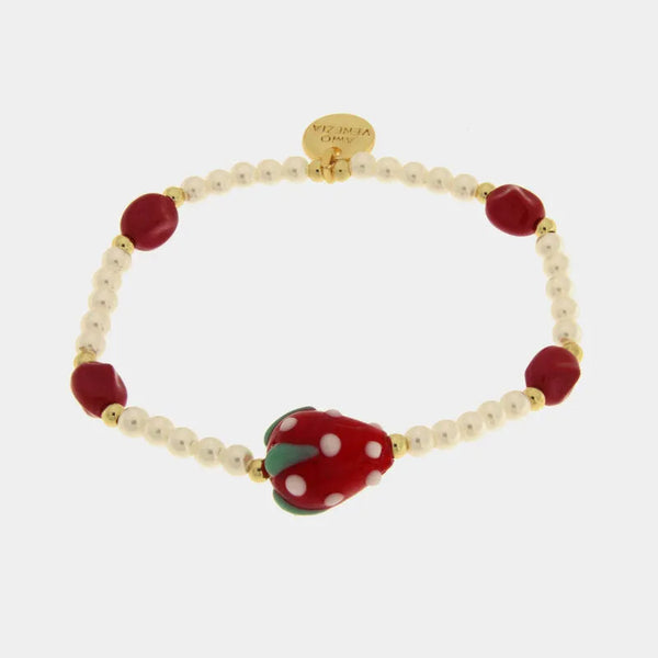 Bracciale in Metallo elastico con Murano Stone perle rosse e bianche e fragola rossa — collezione soffi di laguna