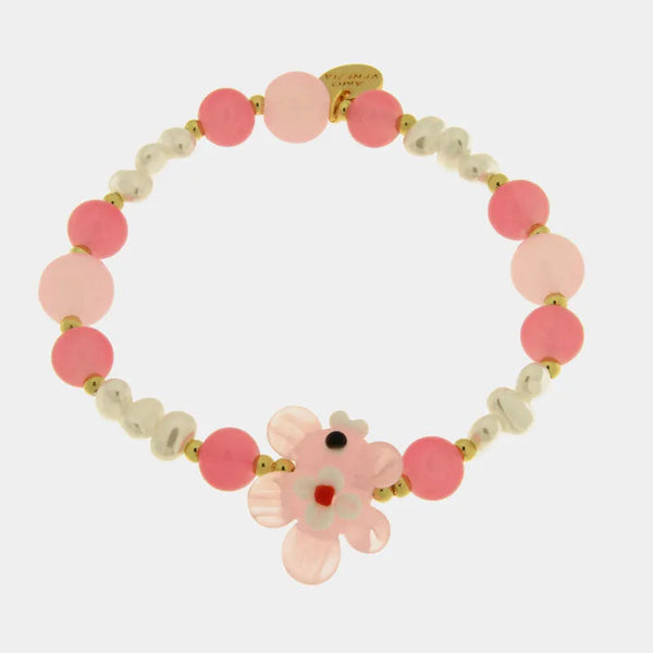 Bracciale in Metallo elastico con Murano Stone pesce rosa e pietre bianche e rosa — collezione soffi di laguna