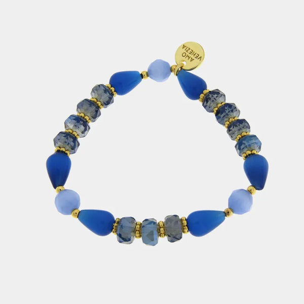 Bracciale in Metallo elastico con Murano Stone pietre blu multicolor — collezione soffi di laguna