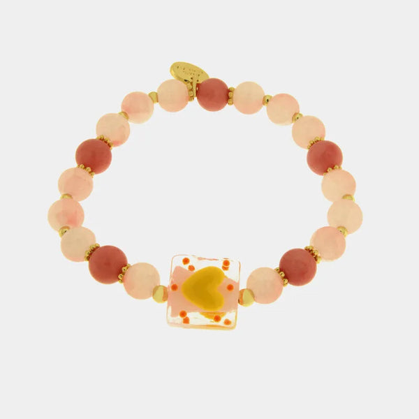 Bracciale in Metallo elastico con Murano Stone pietre rosa e cuore giallo — collezione soffi di laguna