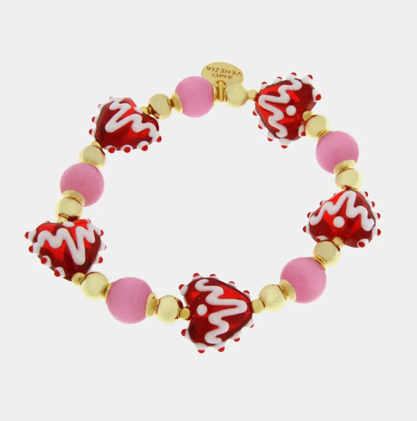 Bracciale in Metallo elastico con Murano Stone pietre rosa e cuore rosso — collezione soffi di laguna