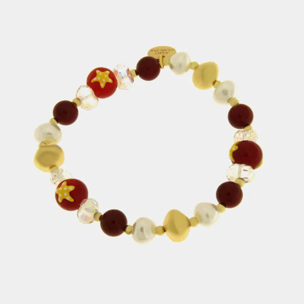 Bracciale in Metallo elastico con Murano Stone pietre rosse, bianche e bordeaux — collezione soffi di laguna
