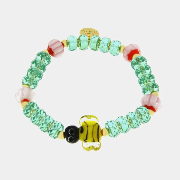 Bracciale in Metallo elastico con Murano Stone pietre verde chiaro e ape — collezione soffi di laguna
