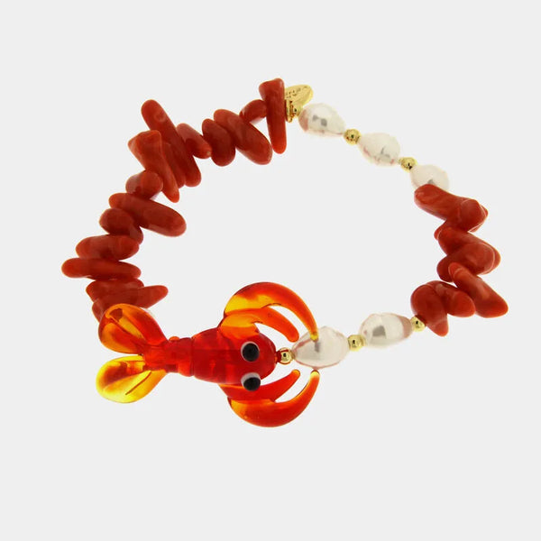 Bracciale in Metallo elastico con Vetro Murano pesce rosso e pietre rosse e bianche — collezione soffi di laguna