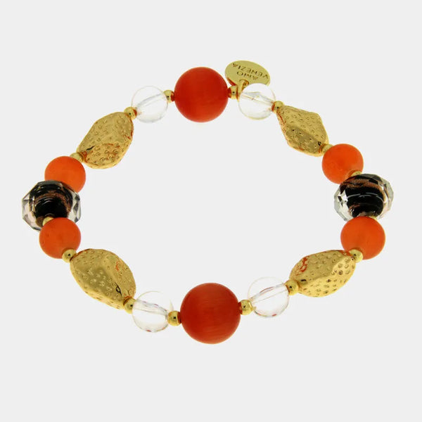 Bracciale in Metallo elastico con Vetro Murano pietre arancioni, dorate e nere — collezione soffi di laguna