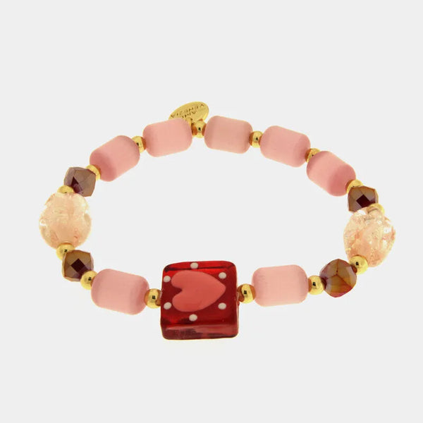 Bracciale in Metallo elastico con Vetro Murano pietre rosa e rosse con cuore rosso — collezione soffi di laguna