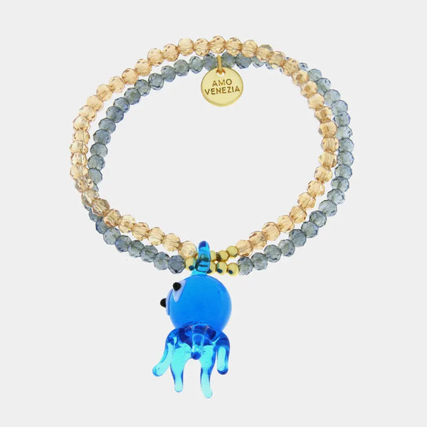 Bracciale in Metallo elastico multifilo con Vetro Murano ciondolo polpo blu — collezione soffi di laguna