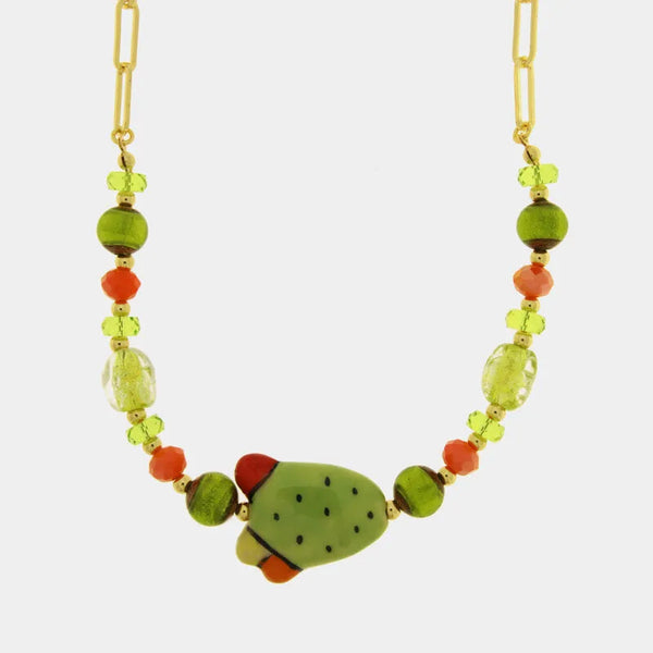 Collana in Metallo con Murano Stone fico d'india e pietre bianche e verdi — collezione soffi di laguna