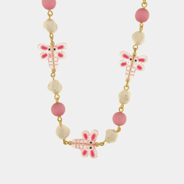 Collana in Metallo con Murano Stone libellula rosa pendente e pietre bianche e rosa — collezione soffi di laguna