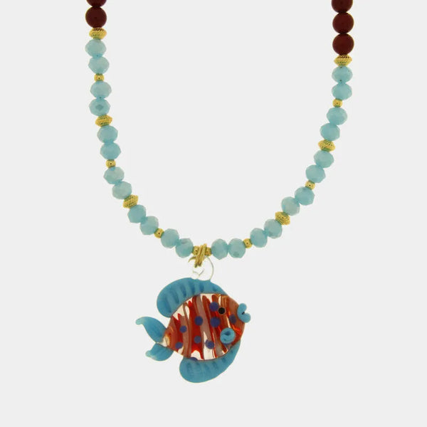 Collana in Metallo con Murano Stone pesce colorato turchese — collezione soffi di laguna