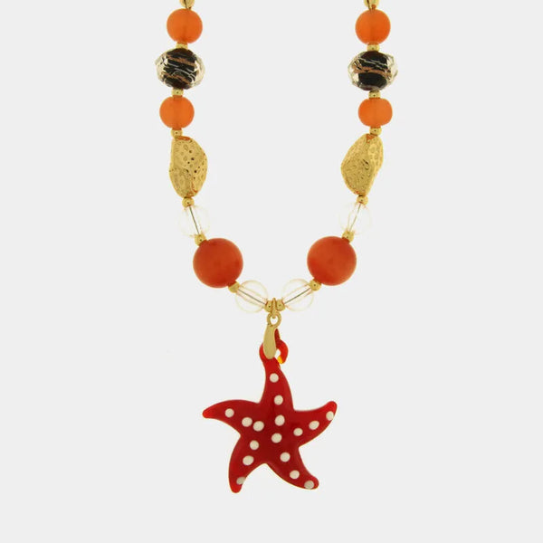 Collana in Metallo con Murano Stone stella marina rossa e pietre nere e arancioni — collezione soffi di laguna