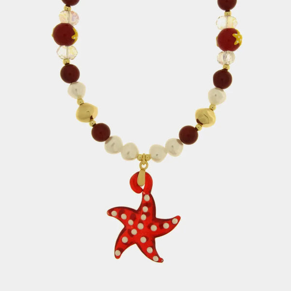 Collana in Metallo con Murano Stone stella marina rossa e pietre rosse e dorate — collezione soffi di laguna