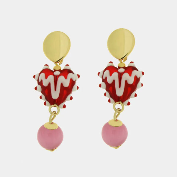Orecchini in Metallo con Murano Stone cuore rosso e sfere pendenti artigianali — collezione soffi di laguna