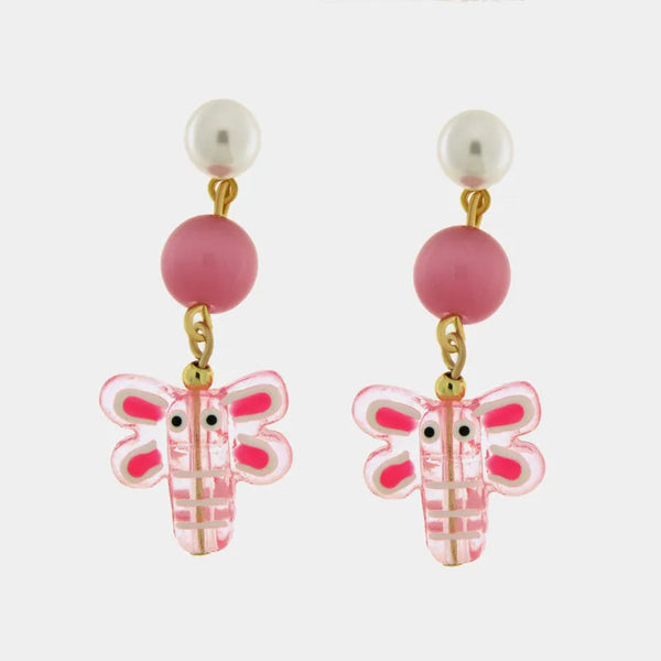 Orecchini in Metallo con Murano Stone libellula  rosa pendente — collezione soffi di laguna