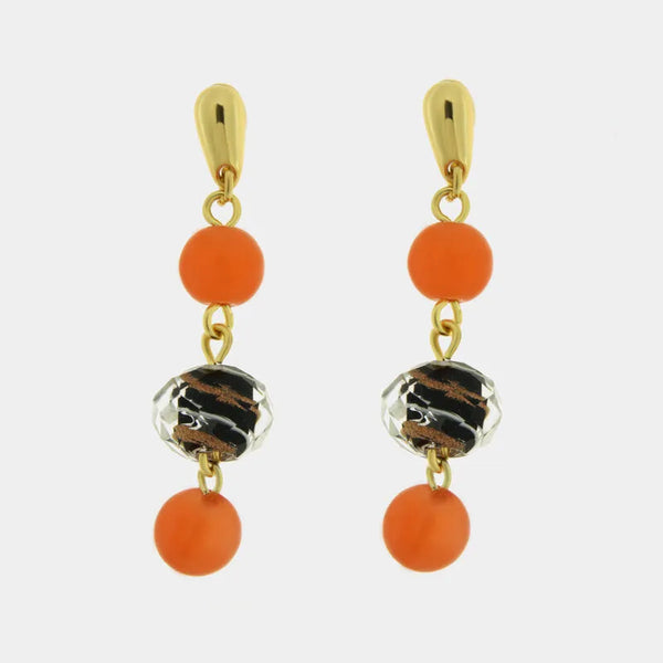 Orecchini in Metallo con Murano Stone pendenti perle arancio e nero — collezione soffi di laguna