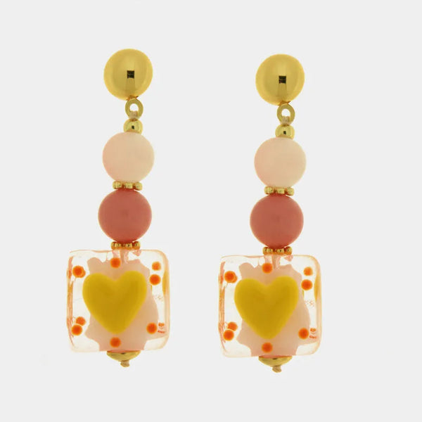 Orecchini in Metallo con Murano Stone perle giallo arancio e cuori gialli — collezione soffi di laguna