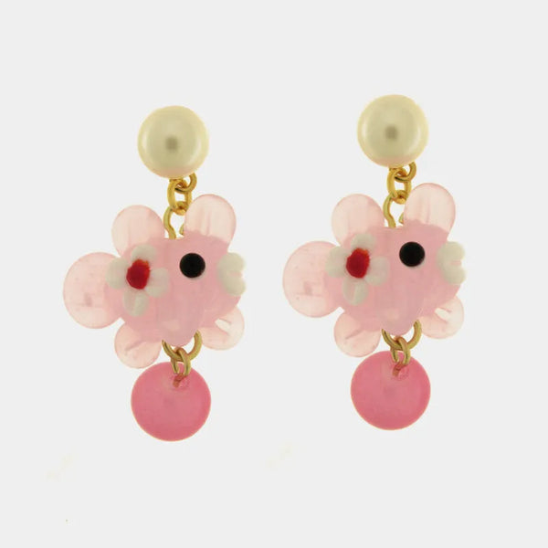 Orecchini in Metallo con Murano Stone pesce rosa pendente e perle rosa veneziane — collezione soffi di laguna