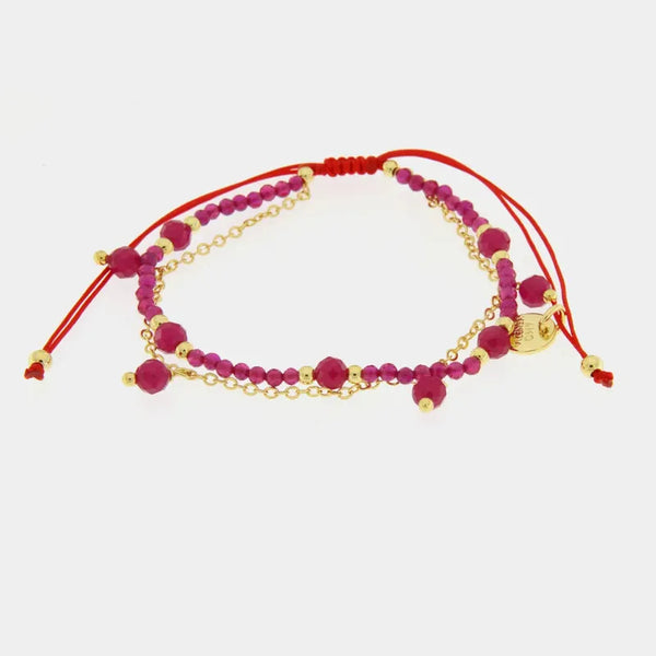 Bracciale in Metallo  cordino doppia catena con pietre rosse — collezione Sospiri